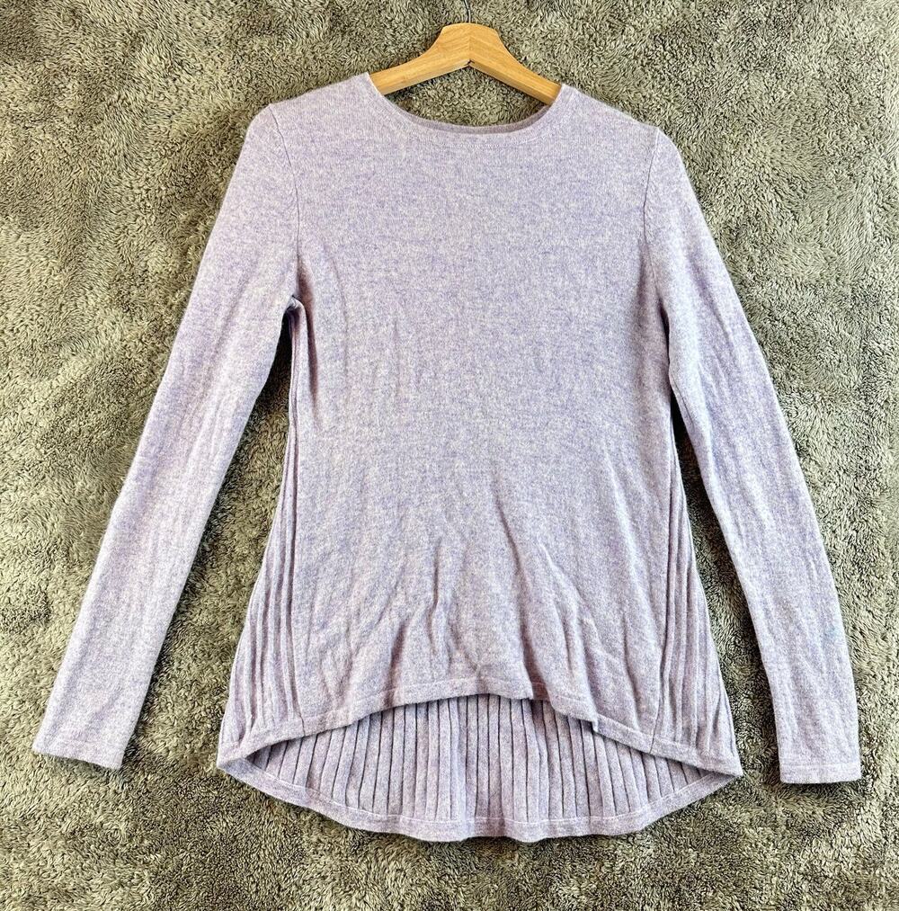 Adrienne Vittadini Purple Ribbed Pleated Sweater 100% 2 ply Cashmere M Medium